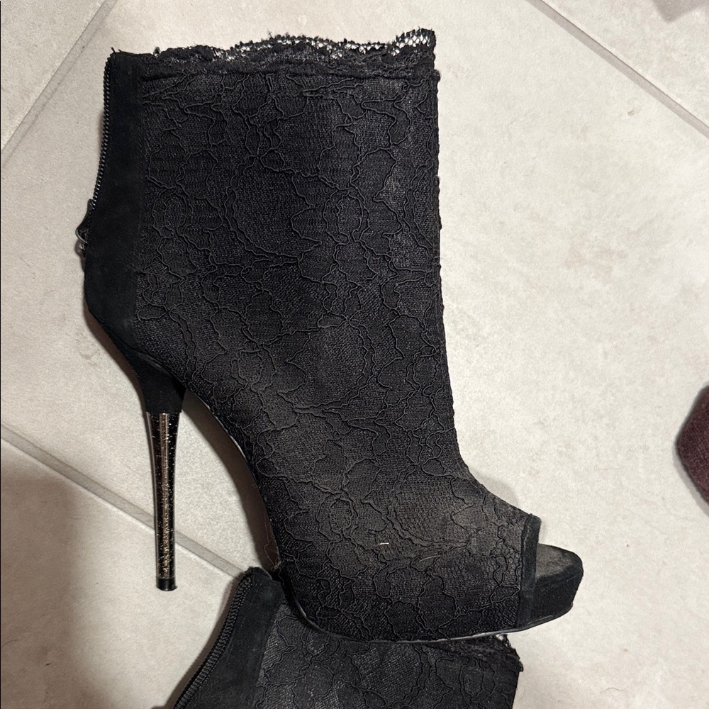 bebe Black Lace Peep-Toe Heeled Boots